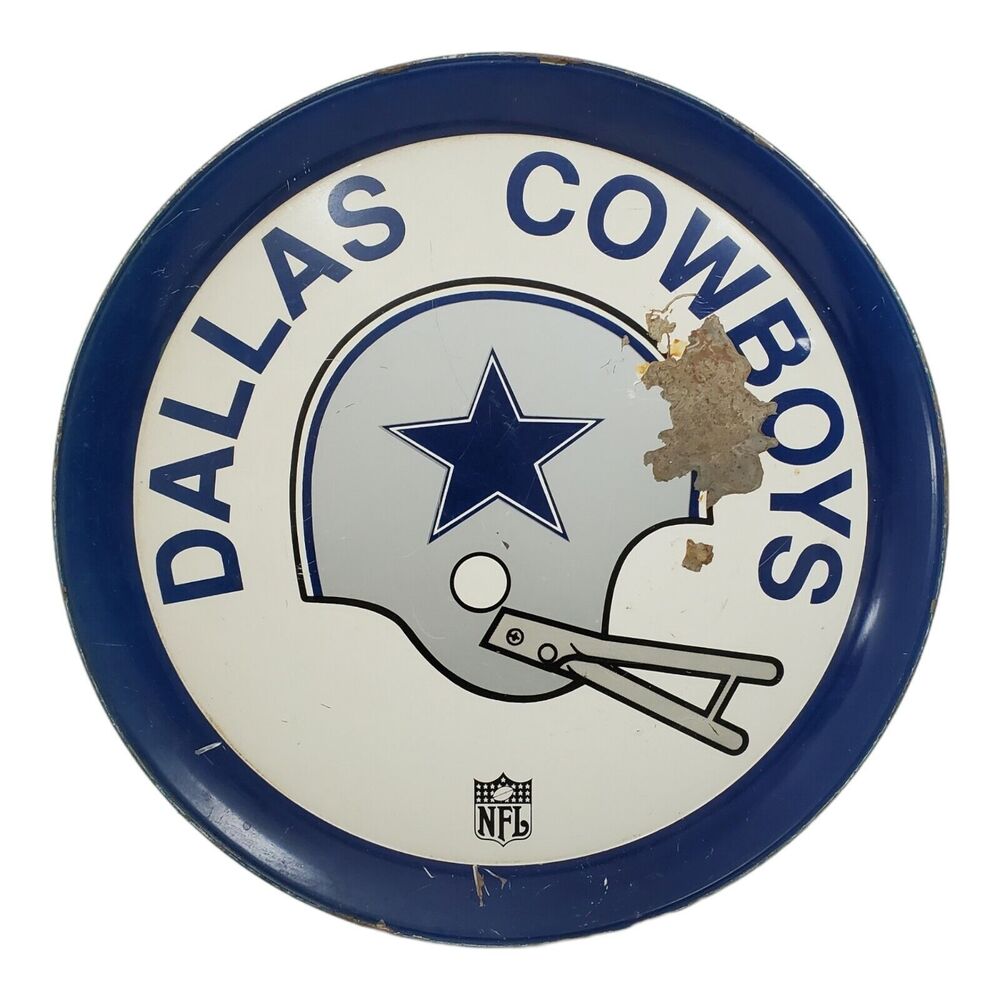 Vintage DALLAS COWBOYS Tin Plate Helmet Logo Souvenir Plaque Drink Tray NFL